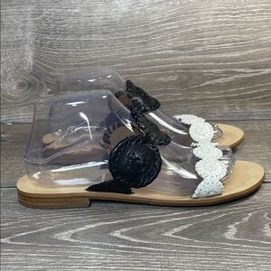 Jack Rogers Lauren II Black White Leather Women's S 9M Floral Two Strap Sandals